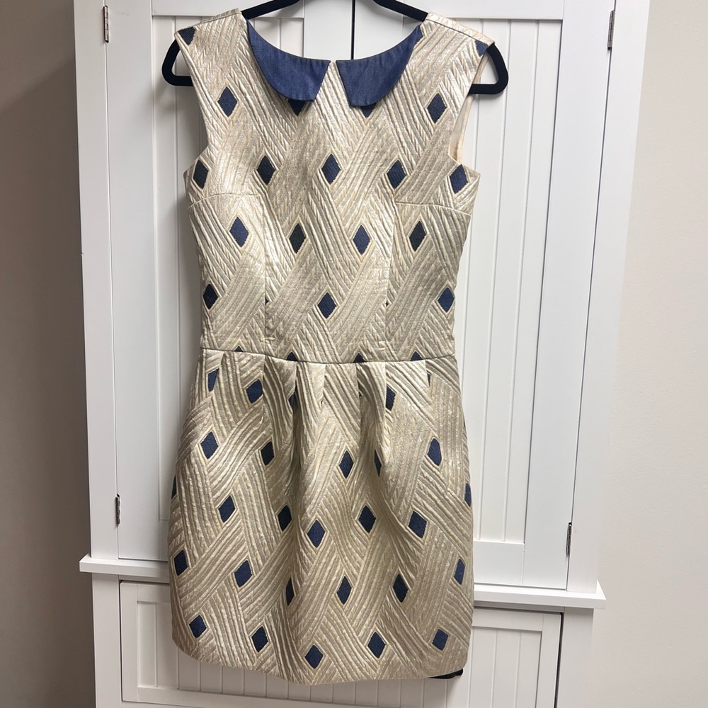 Anthropologie Lauren Moffatt Cocktail Dress, SZ 2, Brocade/Denim, Sleeveless